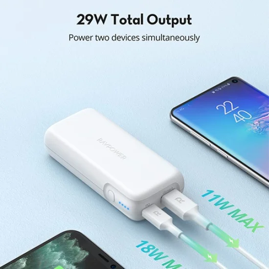 RAVPower PD Pioneer 10000mAh 29W Portable Charger 2-Port Power Bank &ndash; White
