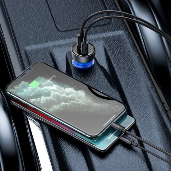 باسيوس شاحن سيارة بمنفذين USB / USB Type-C من النوع 65 وات 5 أمبير شاشة LCD رمادي