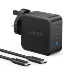 تشويتك شاحن بريطاني مزدوج USB-C بقوة 100 وات مع كابل CC - أسود