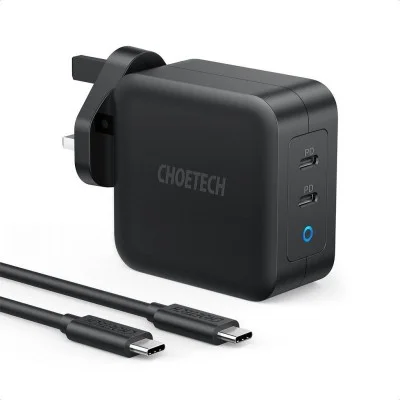 CHOETECH PD 100W GaN dual USB-C UK Charger with CC cable - Black