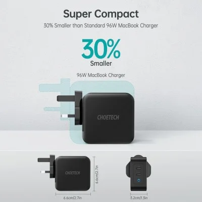 CHOETECH PD 100W GaN dual USB-C UK Charger with CC cable - Black