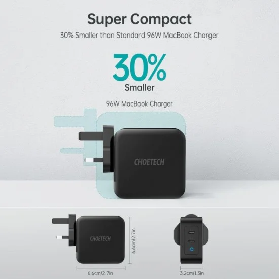 CHOETECH PD 100W GaN dual USB-C UK Charger with CC cable - Black