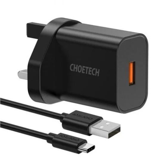 CHOETECH Quick Charge 3.0 18W USB Wall Charger UK + AC Cable &ndash; Black