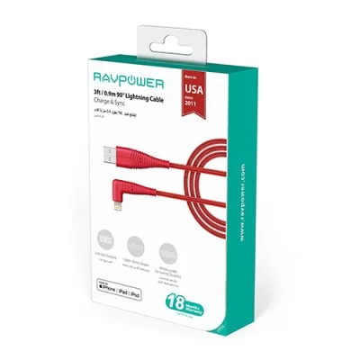 RAVPower Nylon Braided 90deg USB Cable with Lightning Connector RP-CB013 (1m/3ft) &ndash; Red