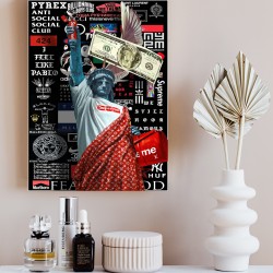Canvas painting of the Statue of Liberty with a set of brands background