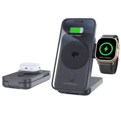 Powerology 10000mAh Qi2 3 in 1 - 15W iPh15 MagSafe Power Bank - Black