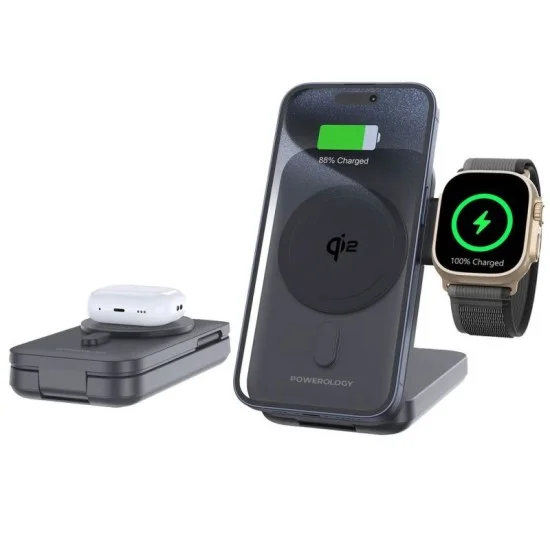Powerology 10000mAh Qi2 3 in 1 - 15W iPh15 MagSafe Power Bank - Black