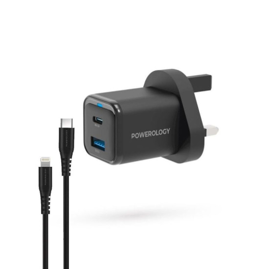 Powerology Super Compact Quick Charger With Braided USB-C To Lightning Cable 1.2m/4ft