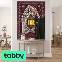An artistic painting of an Arab girl on a Persian carpet holding a Ramadan lantern 