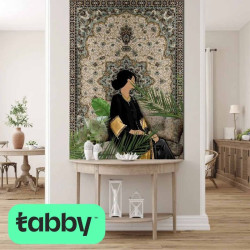 Artistic painting of an Arab girl on a Persian rug holding a Ramadan lantern 001