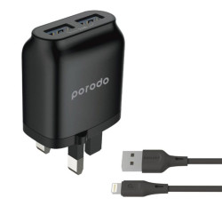 Porodo Dual Port Wall Charger Fast Charging and Auto-ID 2.4A Includes 4ft / 1.2m Lightning Cable - Black