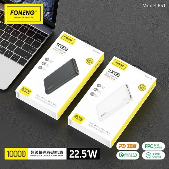 Foneng Power Bank P51 Dual USB 10000mAh 22.5W PD+QC3.0 Black