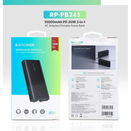 Ravpower 2-In-1 Power Bank & AC Adapter 10000mAh Black