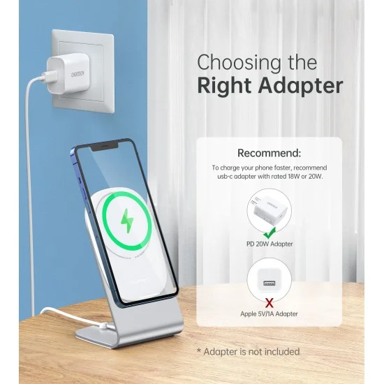 CHOETECH Magnetic Fast Wireless Charging Stand Holder with 5ft USB-C Cable for iPhone 12 (H047+T517)