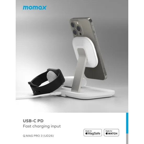 MOMAX UD26W Q.Mag Pro 3 Magnetic 3 in 1 Wireless Desktop Charger(White)