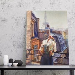 لوحة كانفس فتاة جميلة فرنسية من شرفة المنزل تنظر الى برج ايفيل