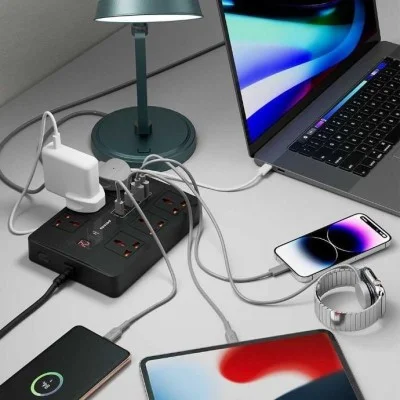 Porodo 6 ac 2 usb-a 24w & 4 usb-c pd 36w multi-port super hub 3m 3000w uk - black