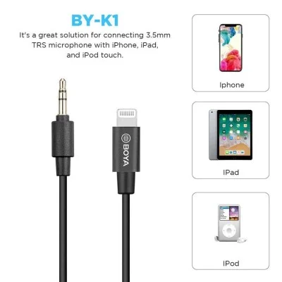 BOYA 3.5mm Male TRS to Male Lightning Adapter Cable (20cm) - Black