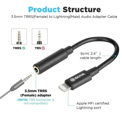 BOYA 3.5mm Female TRRS to Male Lightning Adapter Cable (6cm) - Black