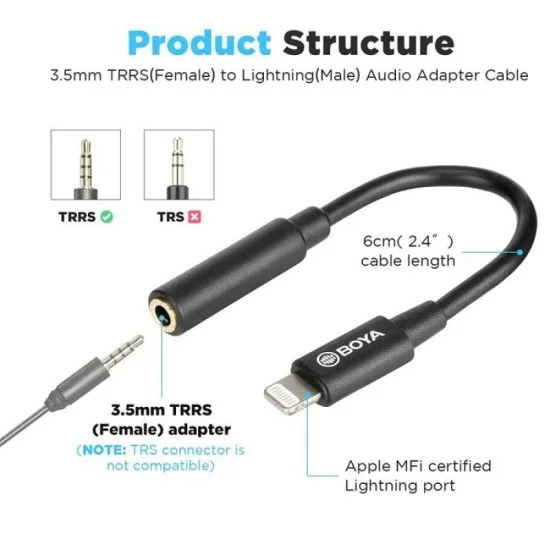 BOYA 3.5mm Female TRRS to Male Lightning Adapter Cable (6cm) - Black