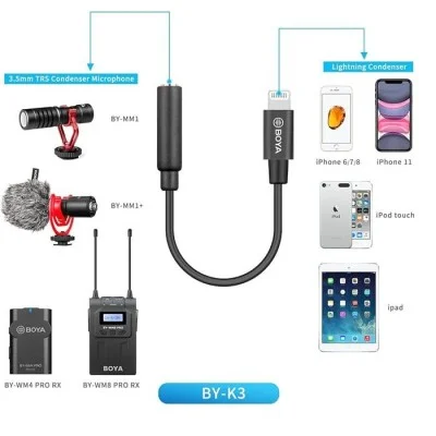 BOYA 3.5mm Female TRRS to Male Lightning Adapter Cable (6cm) - Black