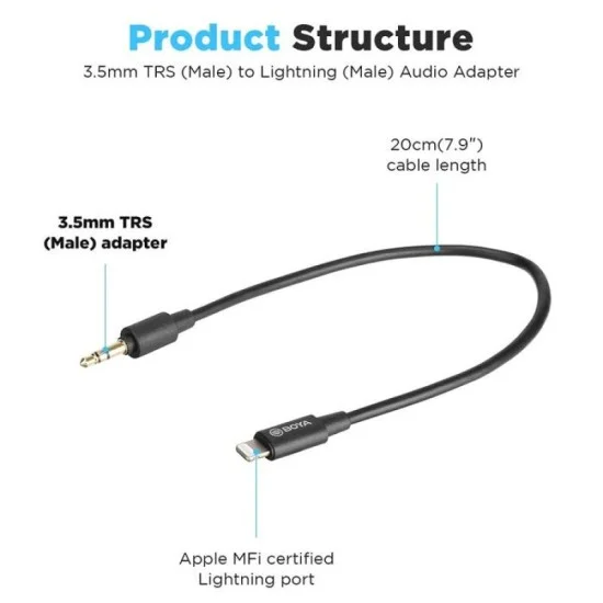BOYA 3.5mm Male TRS to Male Lightning Adapter Cable (20cm) - Black