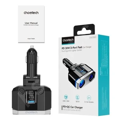 ChoeTech 2 Sockets 2C+1A PD30W Cigarette Lighter Splitter
