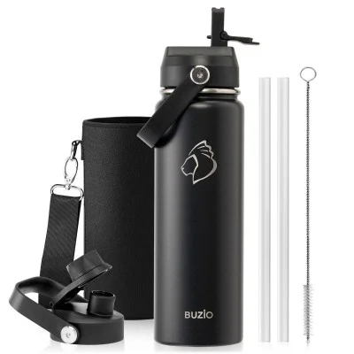 Buzio Duet Series Water Bottle with 2 Lids and Sleeve 650ML - Black