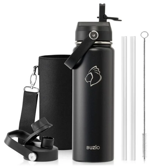 Buzio Duet Series Water Bottle with 2 Lids and Sleeve 650ML - Black