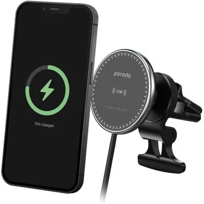 Porodo 3 In 1 Magnetic Car Charger Mount 15W With 20W PD Car Charger - Black
