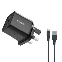 Porodo Dual USB Wall Charger 2.4A UK with PVC Lightning Cable 1.2m - Black
