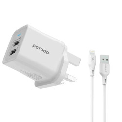 Porodo Dual Port Wall Charger with 1.2m Lightning Cable - White