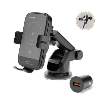 Porodo 3 In 1 Car Charger Mount 15W With QC3.0 Car Charger - Black