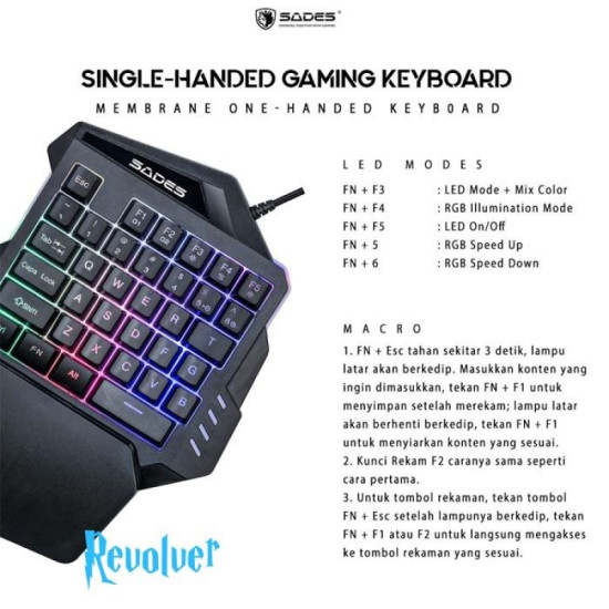 ساديس لوحة مفاتيح الألعاب يد واحدة ريفوليفر - أسود